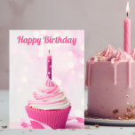 roze koekje Foto Aangepast fijne verjaardag Briefkaart<br><div class="desc">Verstuur je mooie verjaardagswensen met dit prachtige roze briefkaart van de caketfoto. De cake-fotografie bevat een schattig dessert met één kaars onder uw gepersonaliseerde Happy Birthday-script.</div>