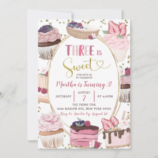 Roze koekjes 3e verjaardag uitnodiging (Voorkant)