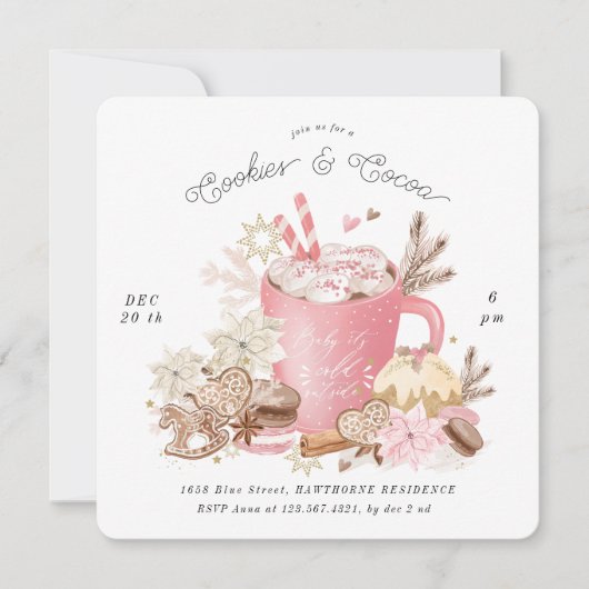 Roze koekjes en cacao vakantie partij nodigen uit kaart (Voorkant)