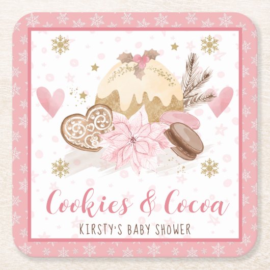 Roze Koekjes en Cacaobabyshower Kartonnen Onderzetters (Voorkant)