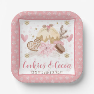 Roze koekjes en cacaoverjaardagsfeestje papieren bordje