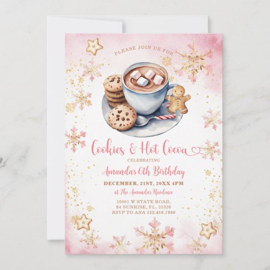Roze koekjes en warme cacao sneeuwvlok 6e verjaard kaart (Voorkant)