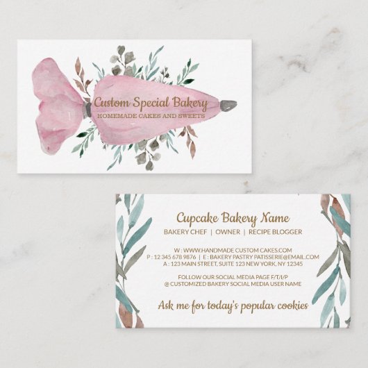 Roze koekjes met pijplijn, gehakt crèmebakkerij visitekaartje (Voorkant / Achterkant)
