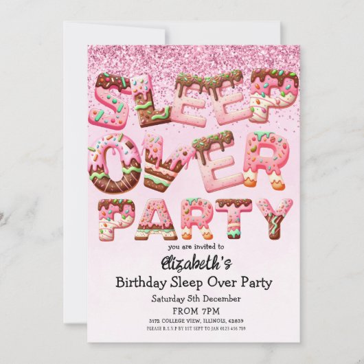 Roze Koekjesbrief Sleepover Verjaardagsfeest Kaart (Voorkant)