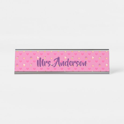 Roze koekjespatroon bureau naambordje (Voorkant)