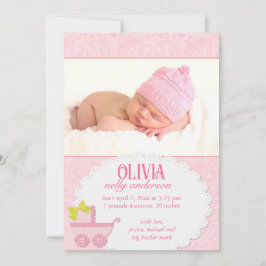 Roze Koets Baby Meisje Foto Geboorte Aankondiging