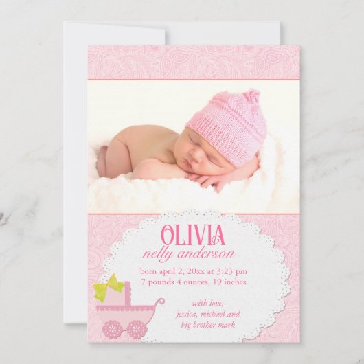 Roze Koets Baby Meisje Foto Geboorte Aankondiging (Voorkant)
