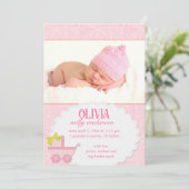 Roze Koets Baby Meisje Foto Geboorte Aankondiging (Staand voorkant)