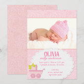 Roze Koets Baby Meisje Foto Geboorte Aankondiging (Voorkant / Achterkant)