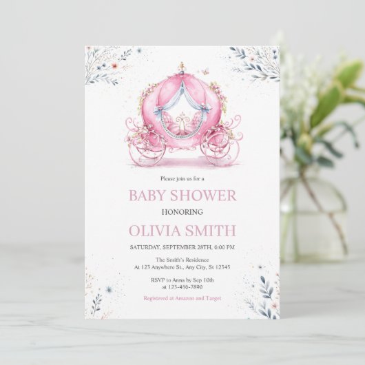 Roze Koets Baby Shower Uitnodiging (Staand voorkant)