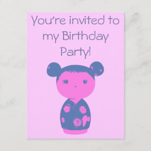Roze Kokeshi Blue Birthday Party Invitation Kaart
