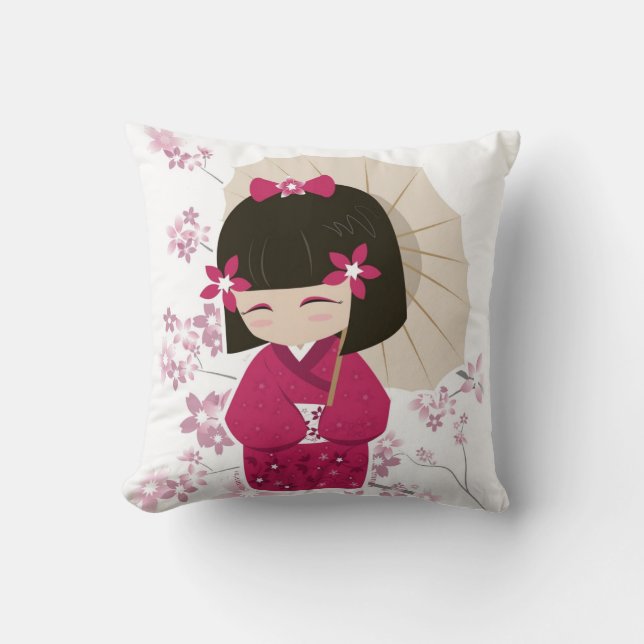 Roze Kokeshi Doll Pillow - White Background Kussen (Voorkant)