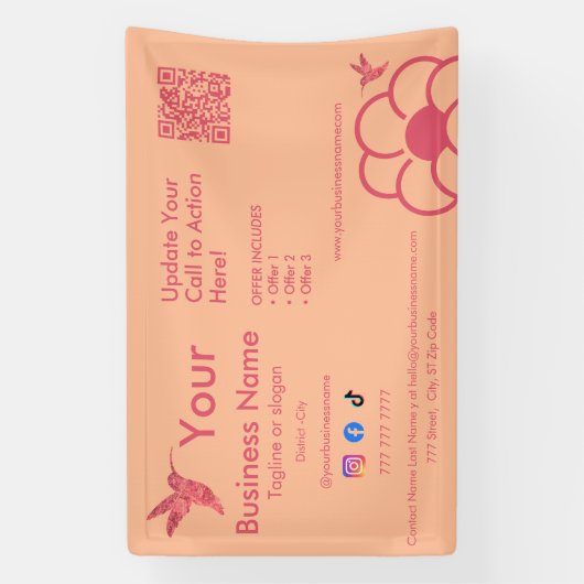 Roze kolibrie Logo QR Code Peach Fuss Business Spandoek (Verticaal)