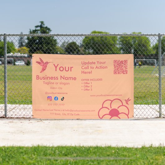 Roze kolibrie Logo QR Code Peach Fuss Business Spandoek (Insitu)