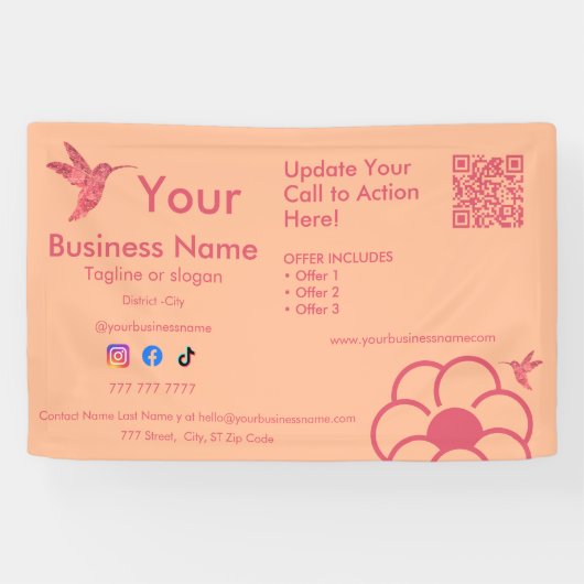Roze kolibrie Logo QR Code Peach Fuss Business Spandoek (Horizontaal)