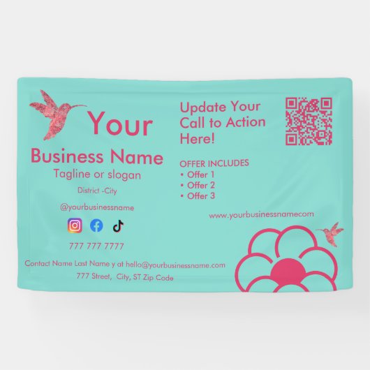 Roze kolibrie QR Code Turquoise Business Banner (Horizontaal)