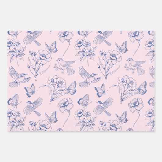 Roze Kolibrie & Vlinder Bloemen Wrapping Inpakpapier Vel (Voorkant)
