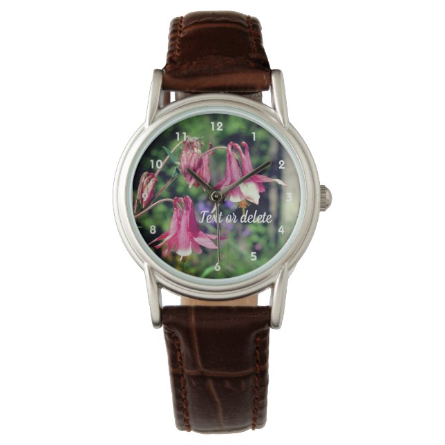 Roze Kolombloemen Sluiten Gepersonaliseerd op Horloge (Voorkant)