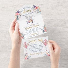 Roze Konijn Bloem Baby Shower Boeken voor Baby All In One Uitnodiging