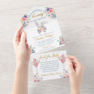 Roze Konijn Bloemige Baby Shower Boeken voor Baby All In One Uitnodiging