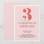 Roze konijn derde verjaardag uitnodiging (Voorkant / Achterkant)