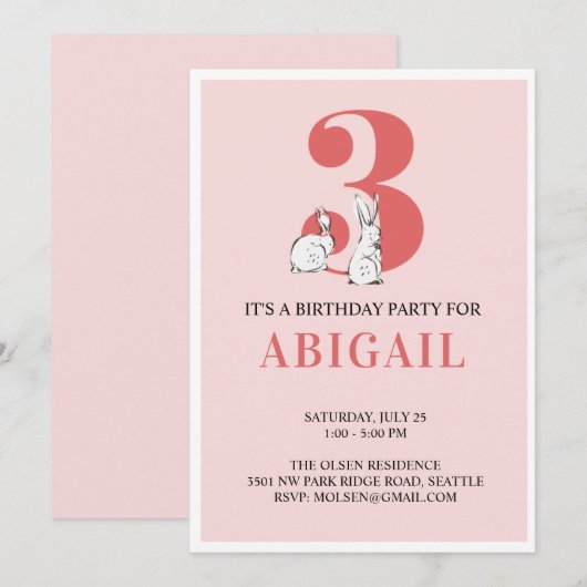 Roze konijn derde verjaardag uitnodiging (Voorkant / Achterkant)