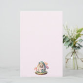Roze konijn & ei gevormd huis kawaii stijl briefpapier (Staand voorkant)