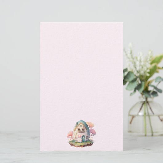Roze konijn & ei gevormd huis kawaii stijl briefpapier (Staand voorkant)