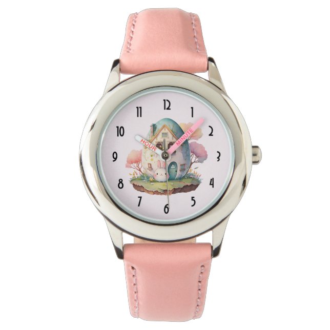 Roze konijn & ei gevormd huis kawaii stijl horloge (Voorkant)