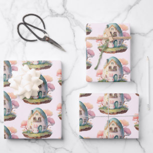 Roze konijn & ei gevormd huis kawaii stijl inpakpapier vel
