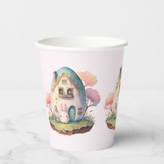 Roze konijn & ei gevormd huis kawaii stijl papieren bekers (Voorkant)