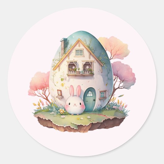 Roze konijn & ei gevormd huis kawaii stijl ronde sticker (Voorkant)