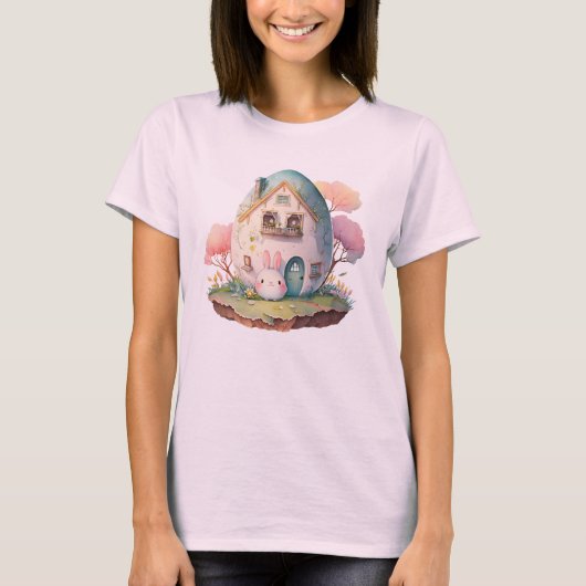 Roze konijn & ei gevormd huis kawaii stijl t-shirt (Voorkant)