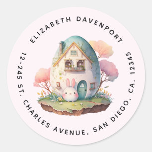 Roze Konijn & Eivormig Huis Kawaii Stijl Adres Ronde Sticker