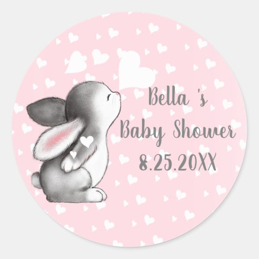 Roze konijn hart confetti baby shower stickers (Voorkant)