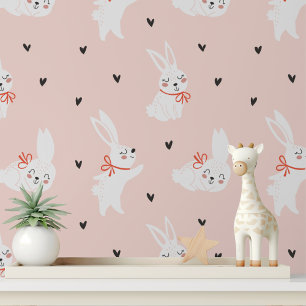 Roze Konijn Konijnen Harten Meisjes Nursery Kids Behang