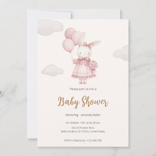 Roze konijn met ballonnen Baby shower uitnodiging (Voorkant)