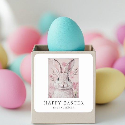 Roze konijn met bloem Pasen Vierkante Sticker