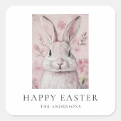 Roze konijn met bloem Pasen Vierkante Sticker (Voorkant)