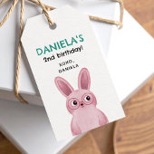 Roze konijn met glazen verjaardagsfeestje voor mei cadeaulabel