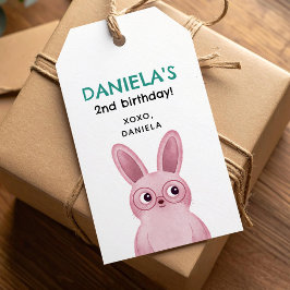 Roze konijn met glazen verjaardagsfeestje voor mei cadeaulabel