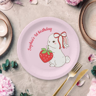 Roze Konijn Verjaardag met Aardbei Papieren Bordje