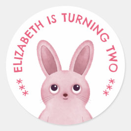 Roze konijn verjaardag ronde sticker