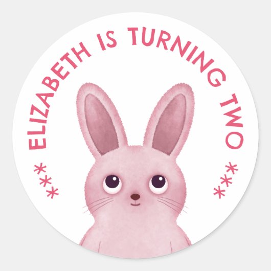 Roze konijn verjaardag ronde sticker (Voorkant)