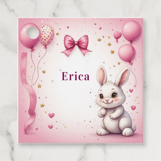 Roze Konijn Verjaardagsballon 🐰 Bedankjes Labels (Voorkant)