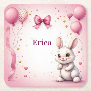 Roze Konijn Verjaardagsballon 🐰 Kartonnen Onderzetters