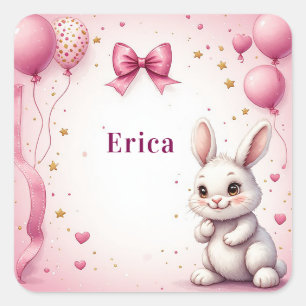 Roze Konijn Verjaardagsballon 🐰 Vierkante Sticker