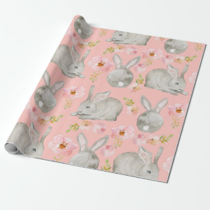 Roze. Konijnen en bloemen. Cadeaupapier