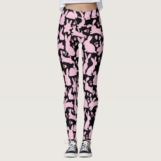 Roze Konijnen Patroon Zwart BG Leggings (Voorkant)
