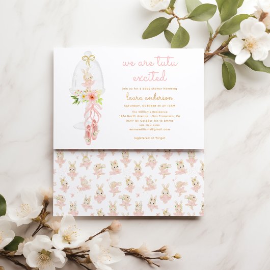 Roze Konijnenballerina Baby shower Kaart